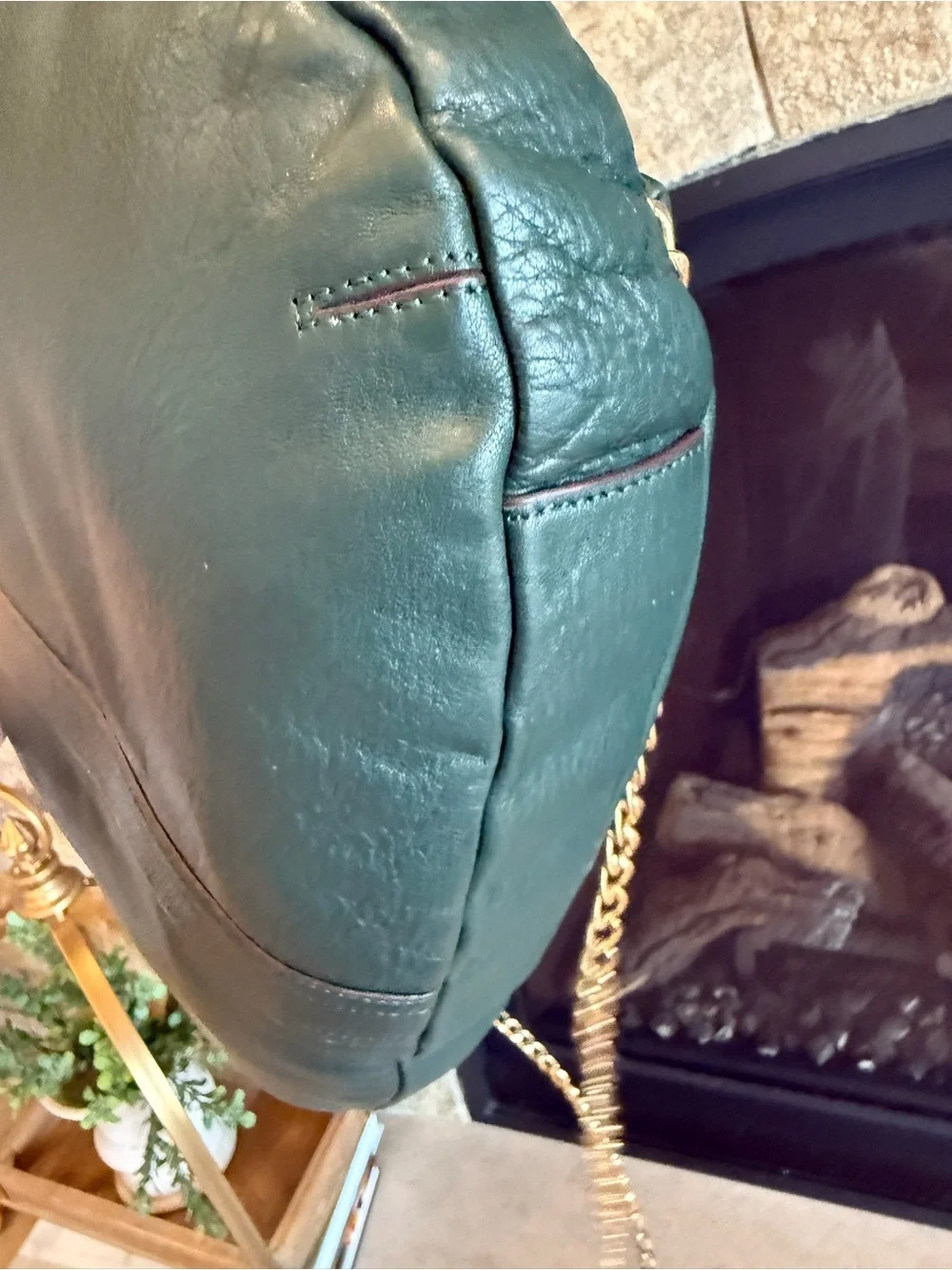 Ralph Lauren Forest Green Leather Shoulder Bag with Gold Hardware